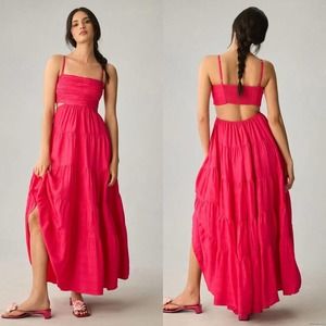 NWT Anthropologie Let Me Be Cutout Tiered Dress Open Back Maxi Hot Pink Small
